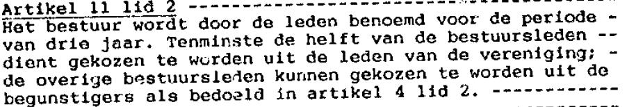 Van dit artikel 11 is in 1997 lid 2 vervangen door navolgende tekst: Voorgesteld wordt om dit artikel in de nieuwe statuten vervangen door de artikelen 15, 16 en 17: BESTUUR ARTIKEL 15 lid 4: lid 5: