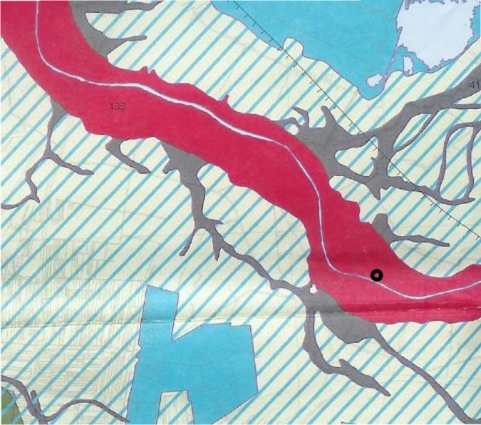 Figuur 4. Bodegraven, Noordstraat 45. Uitsnede uit de kaart van Berendsen en Stouthamer (2001). De ligging van het plangebied op de stroomgordel van de Oude Rijn.