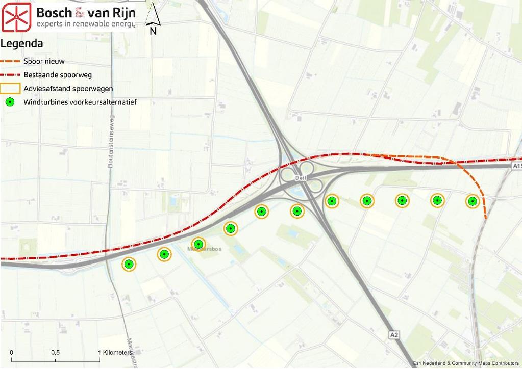 4.5 Spoorwegen Voor het voorkeursalternatief is gekeken of er wordt voldaan aan de adviesafstand van ProRail (Halve rotordiameter + 7,85 meter).