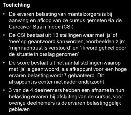 Inkijkje voorlopige onderzoeksresultaten Nederland Resultaat van 2 groepen mantelzorgers 65% van respondenten zorgt zelfstandig voor naaste, per week wordt ~60 uur aan verscheidene taken besteed Alle