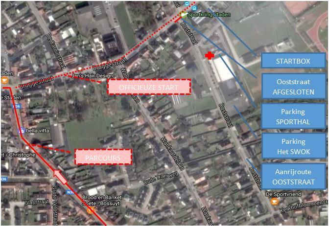 7.3. Startzone De Ooststraat is bereikbaar via de Kerkhofblommestraat. Er wordt aangedrongen de voorziene parkings te gebruiken.