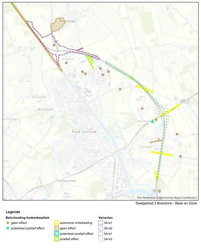 4.3.2.4 Leemten en kennis Er zijn geen leemten in kennis geconstateerd die de besluitvorming over de N279 Veghel-Asten kunnen beïnvloeden. 4.3.3 Boerdonk Beek en Donk 4.3.3.1 Referentiesituatie Binnen het deelgebied Boerdonk Beek en Donk bevinden zich 10 unieke bodemlocaties verdeeld over vier tracévarianten (Figuur 4-5).