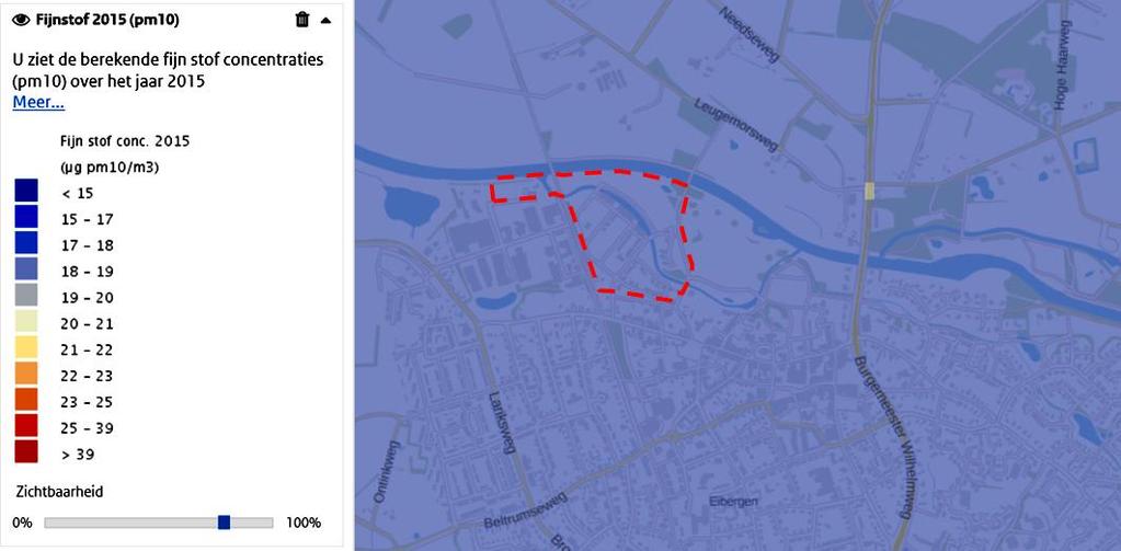 Kaart achtergrondwaarden fijnstof (PM 10) 2015 (Bron:AtlasLeefomgeving) Kaart achtergrondwaarden zeer fijnstof (PM 2,5) 2015 (Bron:AtlasLeefomgeving) Hieruit blijkt dat sprake is van betrekkelijk