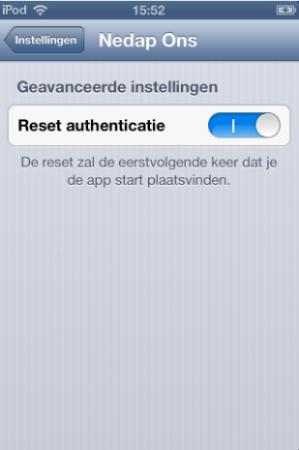 Applicatie-data verwijderen Authenticatie resetten (ios) Als de ios app ontkoppeld moet worden, zal voor een snelle voltooiing hiervan de authenticatie gereset moeten worden.