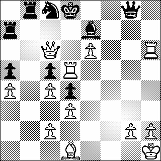 Na Df8 of De7 heeft de koning geen vluchtvelden meer, ook moet veld e6 gedekt blijven door de dame om mat in weinig te voorkomen. Dus de dame moet naar d7 of e8. 27... Dd7 28. Dh5 Kf8 29. Dxe5 Kg8 30.