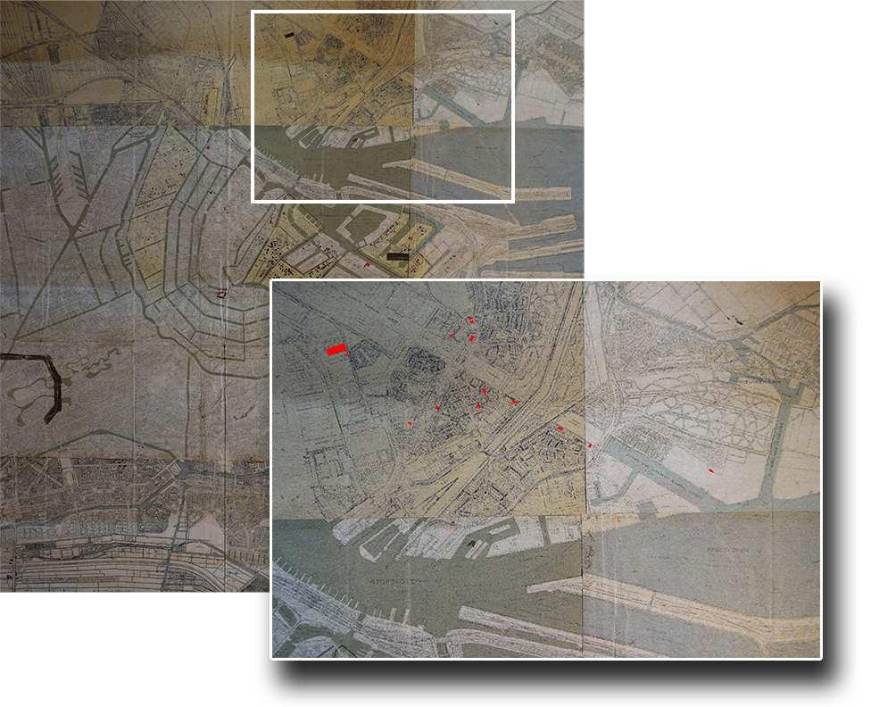 Figuur 27. Uitsnede van de genoemde kaart, met op de inzet de locaties van oorlogsschade te Amsterdam-Noord. Ten behoeve van de duidelijkheid zijn deze locaties rood gearceerd.