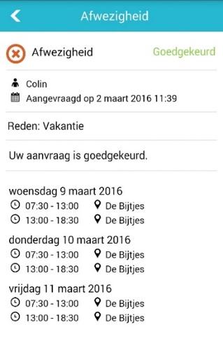 gesteld in de app). Ook voor de afwezigheden geldt dat wanneer je erop klikt je naar de details van de melding gaat.