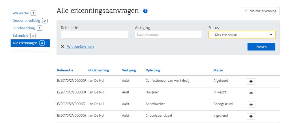 Je kan de lijst af- en oplopend sorteren door op de kolomtitels te klikken. GEGEVENS VAN JOUW ONDERNEMING BEHEREN Klik in het dashboard op profiel of op beheerscherm.