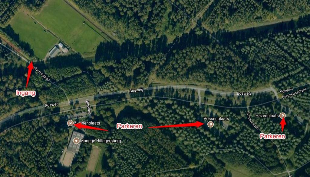 Routebeschrijving Je kunt de auto parkeren op 1 van de 2 parkeerplaatsen langs de Bosweg, P Zwijnenplaats en P Vossenplaats (P Hazenplaats is niet beschikbaar als parkeerplaats).