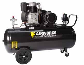 AIRWORKS PROFESSIONELE ZUIGERCOMPRESSOREN De Airworks professionele 2 cilinder zuigercompressoren beschikken over laagtoerige pompen met gietijzeren cilinders en kleppenplaten.
