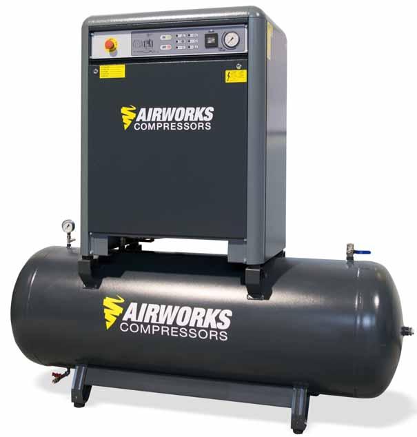 AIRWORKS SUPERGELUIDGEDEMPTE ZUIGERCOMPRESSOREN OP PERSLUCHTKETEL Model kw pk L/min Ketel liter Bar Volt Cil.