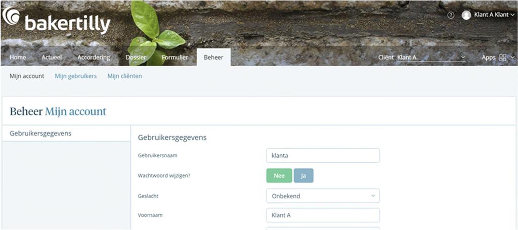 Menu Beheer Hier kunt u uw gegevens aanpassen, een nieuw wachtwoord instellen, gebruikers aanmaken voor medewerkers en hen rechten geven voor het klantportaal. Zo ziet het menu eruit: Mijn account.