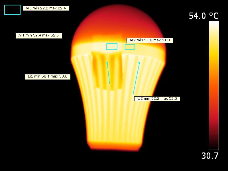 Temperatuurmetingen lamp Bepalen van de juiste emissivity. De ribben zelf hebben dezelfde emissivity als de tape. De gebruikte tape is op emissivity van 0.95 gezet.