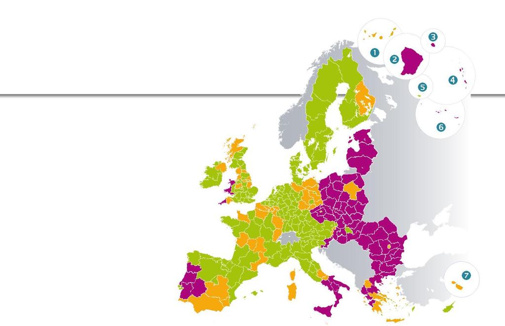 BBP/hoofd* *index EU27=100 Een eerlijk systeem voor alle EU-regio's <75% EU-gemiddelde 75-90 % >90% (Subsidiabiliteitssimulatie) 3 categorieën regio's Minder ontwikkelde regio's