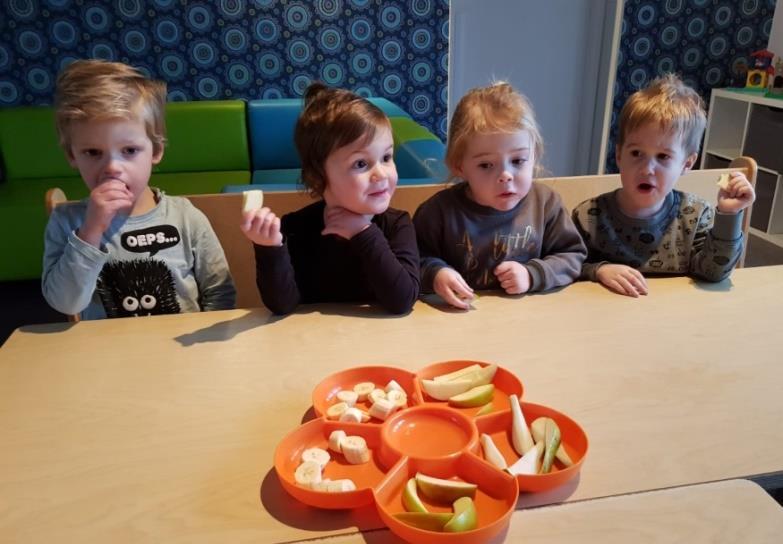 Eten (eerste hapjes): We volgen het advies van het consultatiebureau of we met een fruithapje of groentehapje starten bij kinderen. We starten met het geven van eerste hapjes in overleg met ouders.