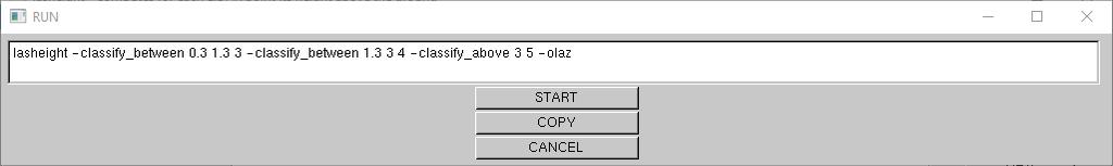 In het popup scherm met de command line staat de juiste code ingevuld. Punten met een hoogte tussen 0.3en 1.3m zullen klasse 3 krijgen, punten tussen 1.