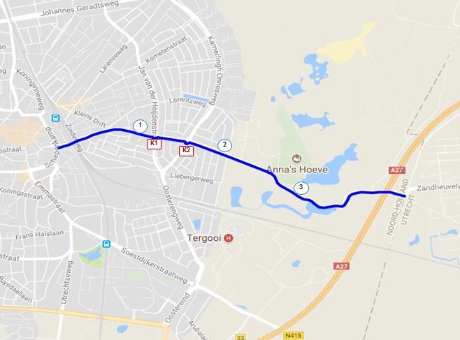 5. Hilversum-Baarn Totale lengte fietspaden in tracé: 3,1 km Lengte fietspaden in eigendom van provincie Noord-Holland: -