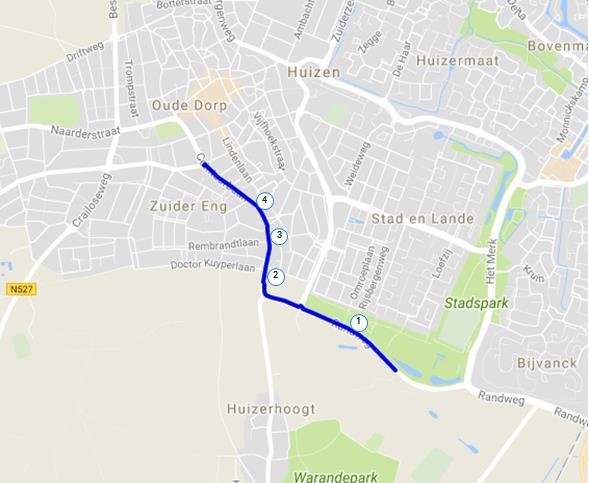 17. Huizen-Huizen Totale lengte fietspaden in tracé: 1,3 km Lengte fietspaden in eigendom van provincie Noord-Holland: - 1. Randweg 2. Blaricummerstraat 3. Blaricummerstraat 4.