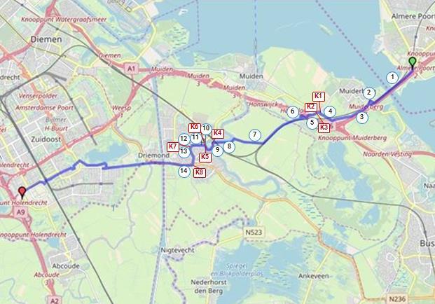 18. Amsterdam-Almere Totale lengte fietspaden in tracé: 15,9 km Lengte fietspaden in eigendom van provincie