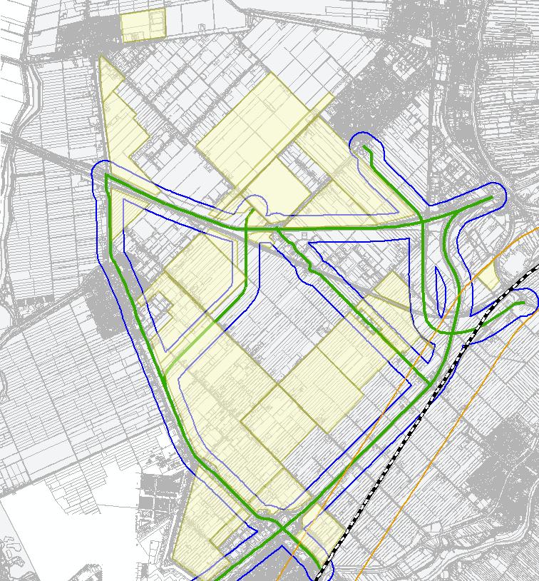 Afbeelding 3- Invloedsgebieden weg (blauwe lijn) en spoor (oranje