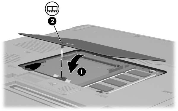 Hardwareonderdelen 16. Plaats het afdekplaatje van de geheugenmodule terug 1 en draai de schroef van het afdekplaatje vast 2. 17. Plaats de accu terug. 18.