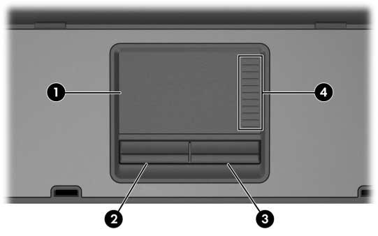 3 Cursorbesturing en toetsenbord Cursorbesturing Touchpad (alleen bepaalde modellen) In de volgende afbeelding en tabel wordt het touchpad van de notebookcomputer afgebeeld en beschreven.