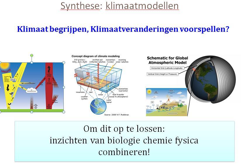 24 De invloed van CO2 op klimaat: de interdisciplinaire synthese Als thema om de verbinding te maken werd gekozen voor klimaatmodellen en klimaatopwarming.