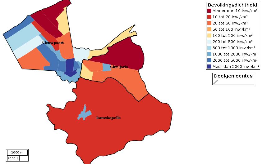 Kaartvisualisatie inwoners per statistische sector (wijk) voor Bron: FOD