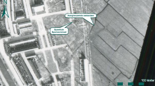Figuur 5: Weilanden nabij de Sperwerstraat op een luchtfoto van 8 februari 1943. Het is niet bekend waar de bom exact is neergekomen. Ook is niet te achterhalen welk vliegtuig deze bommen afwierp.