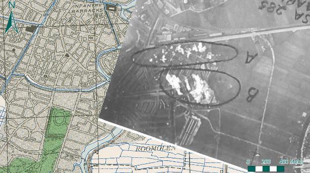 Figuur 85: Strike Photo van het bombardement van 16 april 1943 (Bron: TNA, AIR 34/363). De Strike Photo bevestigt de informatie afkomstig uit het gemeentearchief en de bommenkaart.