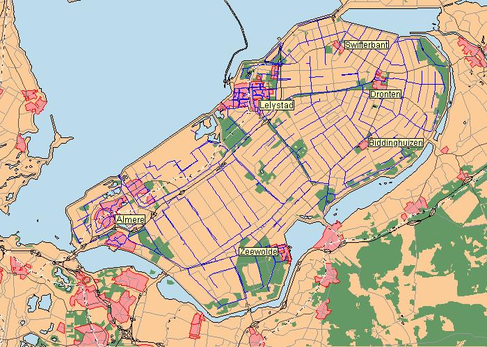 T2513 augustus 2008 Flevoland wordt gekenmerkt door een lage ligging van 3 à 4 m beneden NAP. De belangrijkste steden zijn Almere en Lelystad.