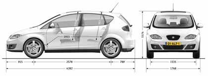 AFMETINGEN AFMETINGEN Exterieur (mm) ALTEA ALTEA XL Lengte 4280 4467 Breedte 1768 1768 Hoogte 1568 1581 Wielbasis 2578 2578 Spoorbreedte voor