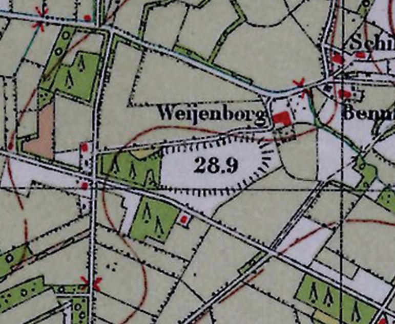 Historische ontwikkeling oude winterswijkseweg kerkdijk Historische topkaart1936 Rond 1936 Weijenborg is één grote kavel. Van de singel/haag langs de weg aan de linkerzijde is weinig over.