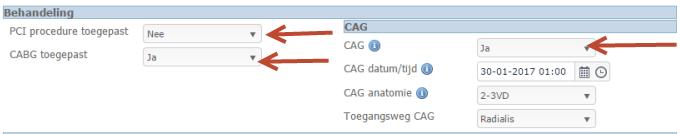 Heeft de patiënt een CAG ondergaan en er vindt geen PCI plaats, dan vult u bij PCI: "nee" in. Zie figuur 10. Doordat u bij PCI Nee invult wordt de volgende vraag automatisch gesteld: CABG toegepast.