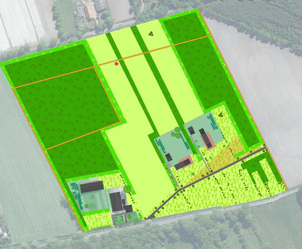 3.3.2 Positie van het rood Een gedeelte van het landgoed, groot 0,99 hectare, wordt ingericht met twee nieuwe wooneenheden van elk maximaal 1.500 m 3 en bijbehorende tuinen (zie figuur 14).