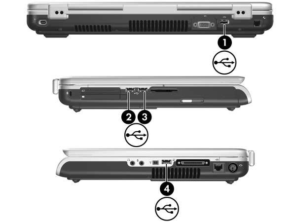 USB- en 1394-apparatuur USB-apparaat aansluiten U kunt een USB-apparaat aansluiten op een van de vier USB-poorten van de notebookcomputer.