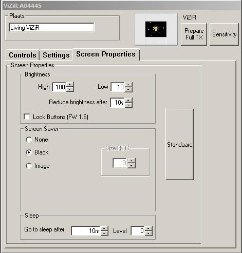 Via de Brightness buttons kan de helderheid van het scherm bijgewerkt worden. De Low brightness verschijnt na het aantal seconden gedefinieerd in het Reduce Brightness after -veld.