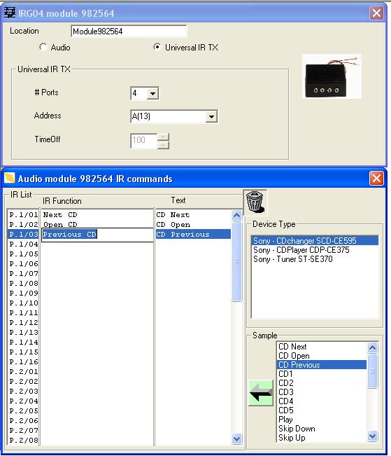 Daarna selecteert u het type toestel dat u wilt bedienen (u moet eerst de te gebruiken infraroodcodes in het Qbus systeem samplen volgens de instructies in "IR-codes samplen"), en dubbelklikt u op de