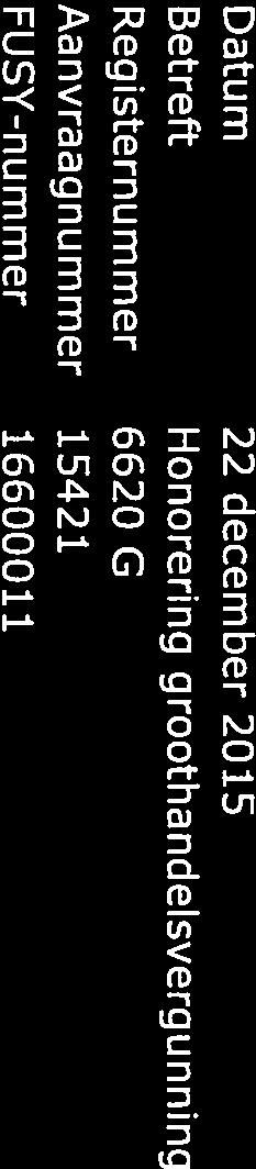 C, Robijn 070-6732 Datum Betreft Re g ste rn u mme r Aanvraagnummer FUSY-nummer 22 december 2015 Honorering groothandelsvergunning 6620 G 15421 16600011 Farmatec-BMC/JZ-15421 Bijlagen Uw