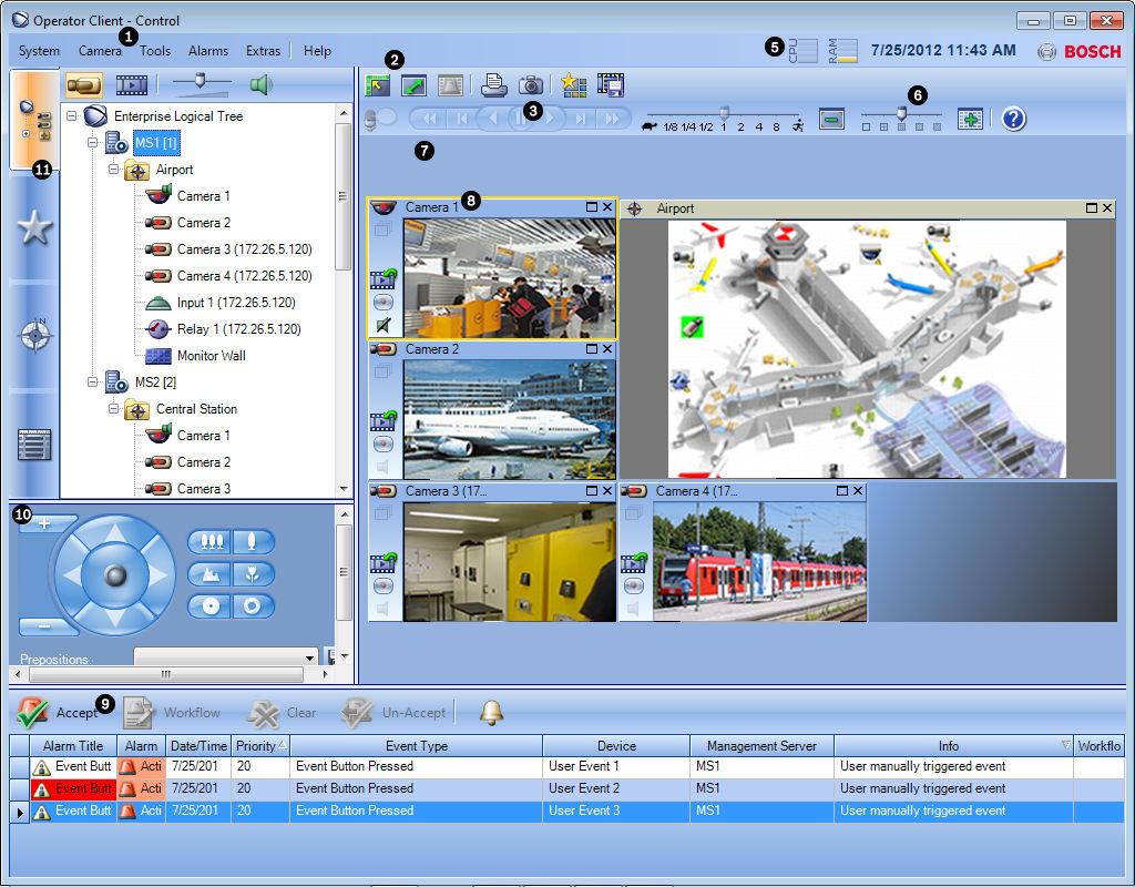 44 nl Gebruikersinterface Bosch Video Management System 1 Menubalk In deze balk kunt u menuopdrachten selecteren. 2 Werkbalk Hierop worden de beschikbare knoppen weergegeven.