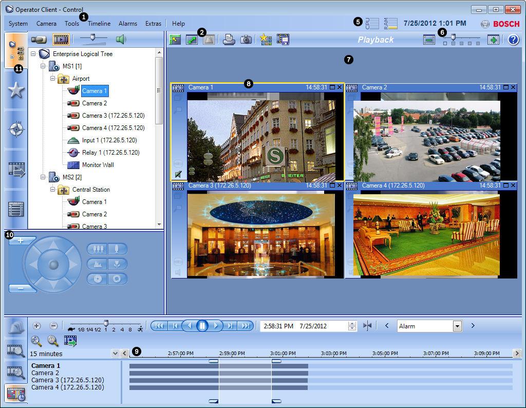 46 nl Gebruikersinterface Bosch Video Management System 11.2 Venster Afspeelmodus Hoofdvenster > Hoofdvenster Klik met de rechtermuisknop om het snelmenu te openen.