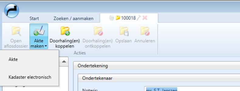 Akte maken 4 AKTE MAKEN U gaat hiervoor naar de button [Akte maken] en u kunt hier selecteren of u de akte in Word (opnieuw) wenst aan te maken of dat u het Kadasterstuk (pdf) wilt aanmaken.