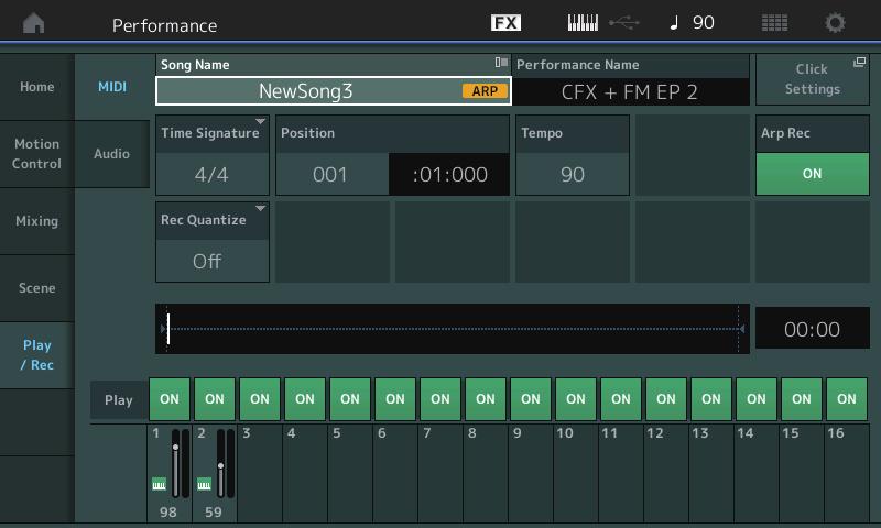 Play/Rec Play/Rec MIDI Bij het opnemen van songs kunt u selecteren of u alleen het toetsenspel wilt opnemen of dat u de uitvoer van de arpeggiator wilt opnemen.