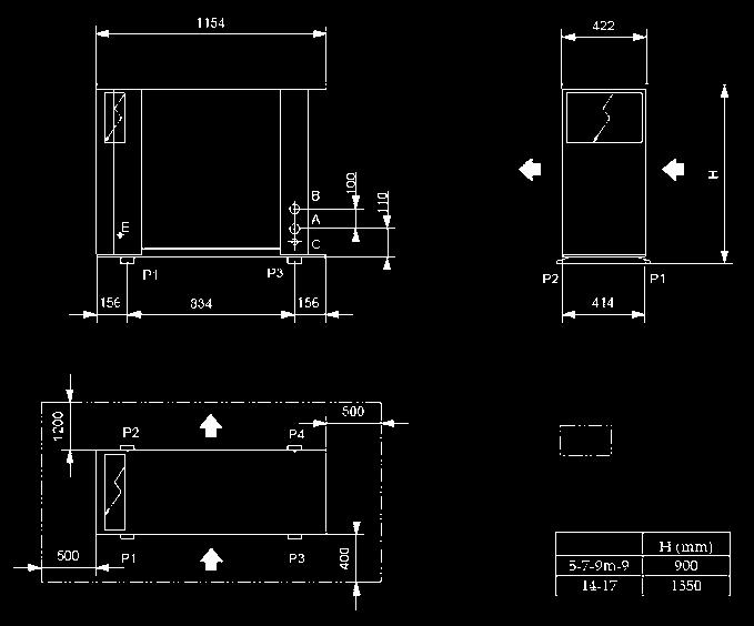 Dimensionale tekening - Dimensional drawings PICO H 5-17 - Vrije opstelling - Clearance Type A : vloeistofuittrede 1 - liquid outlet 1" B : vloeistofintrede 1 - liquid inlet 1" C : aansluiting vullen