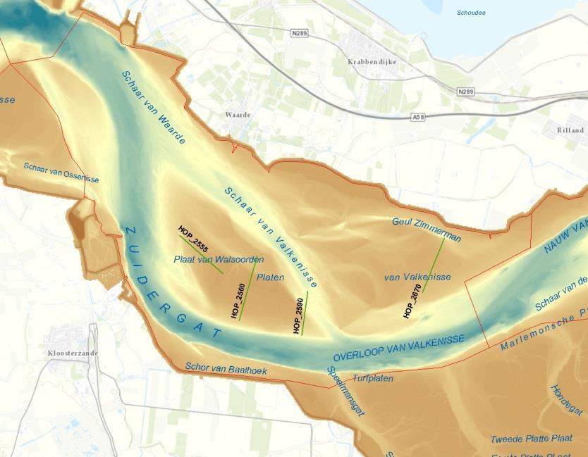 Op de Plaat liggen de RTK-raaien HOP_2555, HOP_2560 en HOP_2590 (Figuur 36). De laatste is opgeheven in 2016. Op de Plaat van Valkenisse ligt de RTK-raai HOP_2670.