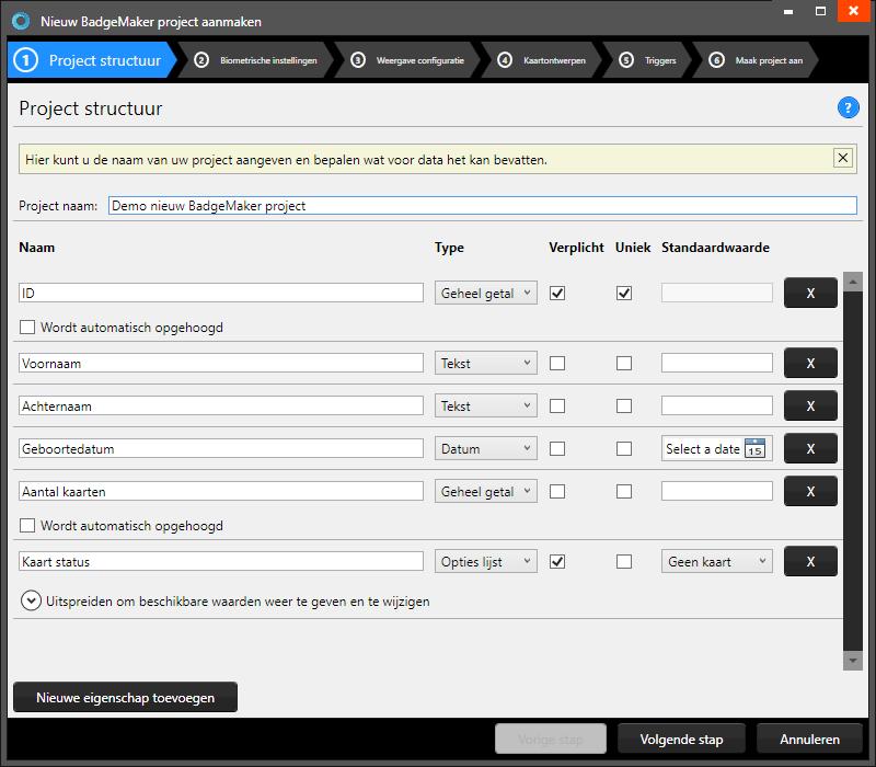 Na het selecteren van Maak een nieuw project kunt u beginnen met het opzetten van een eigen structuur en de opmaak van de datarecords. 1. Projectstructuur A G B C D E F H I Fig. Voorbeeld van stap 1.