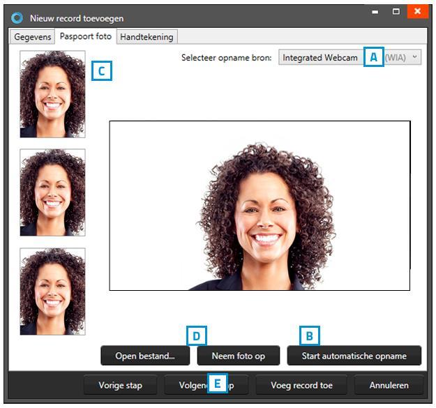 2. Foto s ` Fig. Voorbeeld van de fototab wanneer u een nieuw record toevoegt. A. Selecteer de camerabron die u wilt gebruiken voor het maken van de foto s door op het dropdownmenu te klikken.