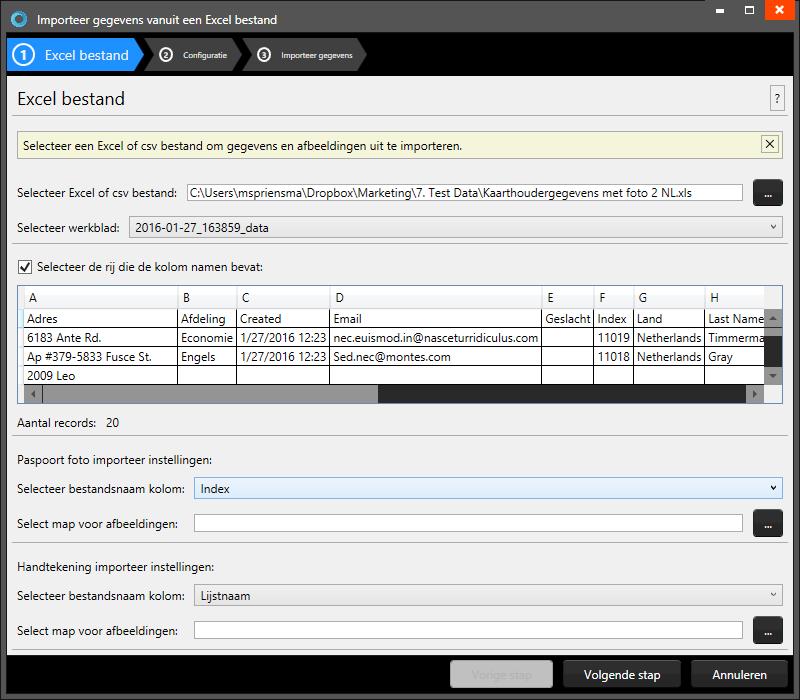 Importeer Excel or CSV data Via Bestand in het hoofdmenu kunt u data importeren door gebruik te maken van een Excel/CSV, BadgeMaker 7 of IDPro 7 bestand. 1. Excel bestand Fig.