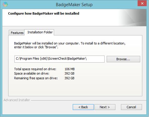 Stap 3b. De Installation Folder tab: de derde stap in het installatieproces is de besissing over waar u BadgeMaker wilt installeren.