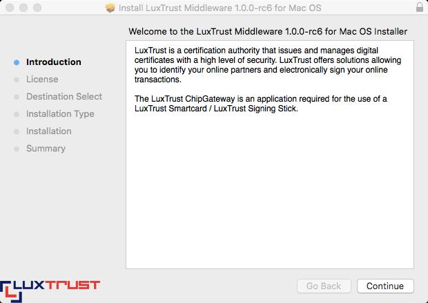 I.4 Installatie van het ingesloten bestand LuxTrust Middleware1.0.0-rcx.